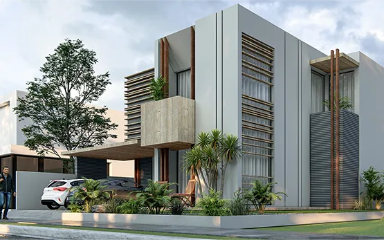 Exterior of a Blue Arc designer villa